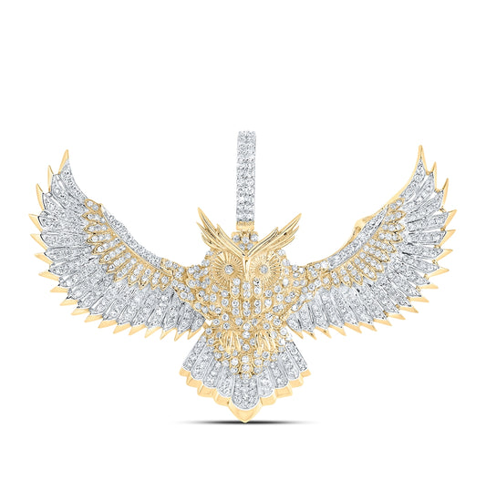 10K Yellow Gold Mens Round Diamond Owl Bird Charm Pendant 1-1/4 Cttw