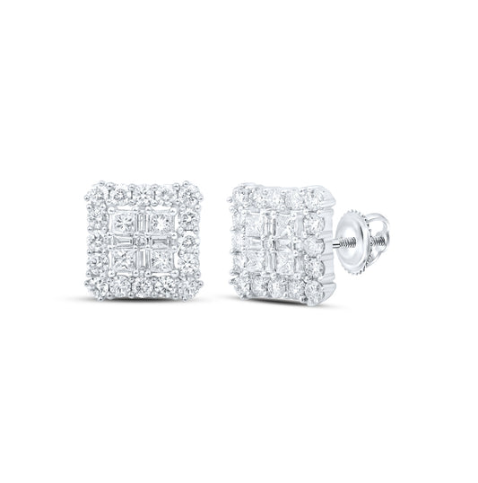 10K White Gold Womens Round Diamond Square Earrings 1-1/3 Cttw