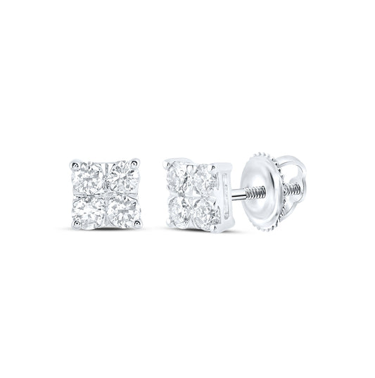 10K White Gold Women's Round Diamond Square Earrings 3/4ctw
