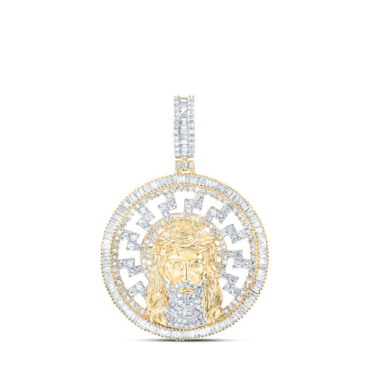 10K Yellow Gold Mens Baguette Diamond Jesus Medallion Circle Charm Pendant 2-3/4 Cttw
