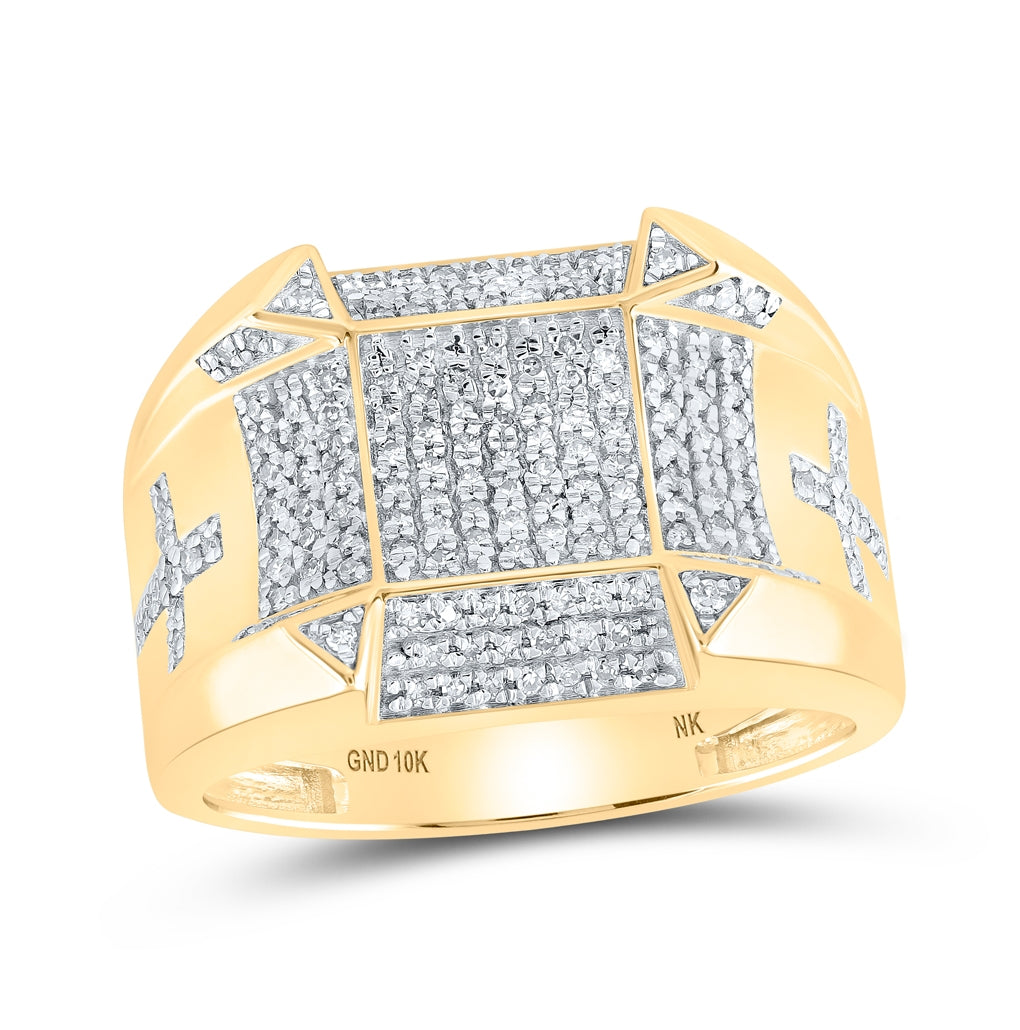 10K Yellow Gold Mens Round Diamond Square Cross Ring 1/2ctw, Mens Size: 7-13