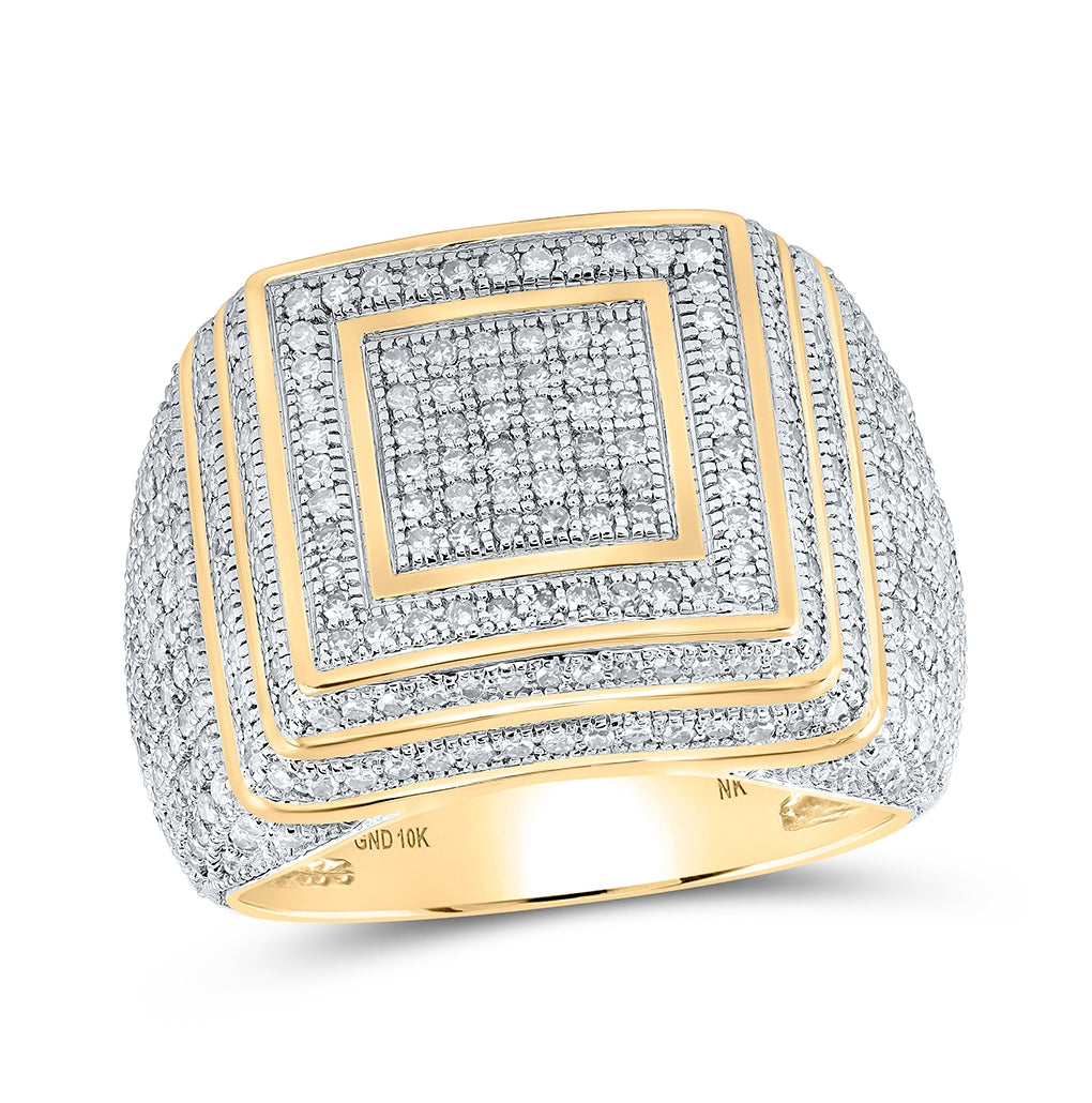 10K Yellow Gold Mens Round Diamond Square Ring 1-7/8 Cttw, Mens Size: 7-13
