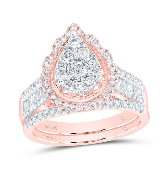 10K Rose Gold Round Dia. Teardrop Bridal Wedding Band Set 1ctw, Women's Size: 5-10