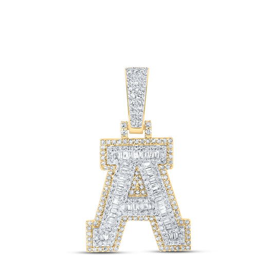 10K Yellow Gold Mens Baguette Diamond Initial Letter Charm Pendant