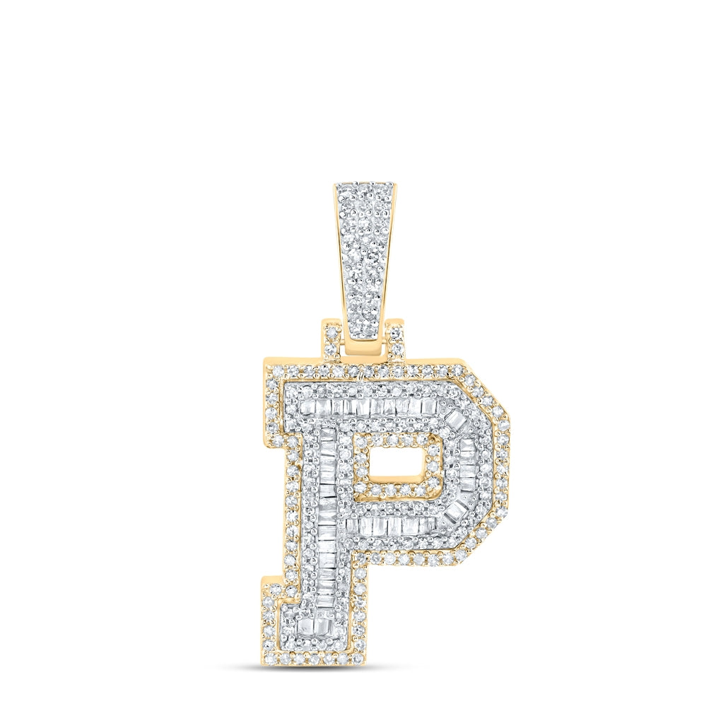10K Yellow Gold Mens Baguette Diamond Initial Letter Charm Pendant