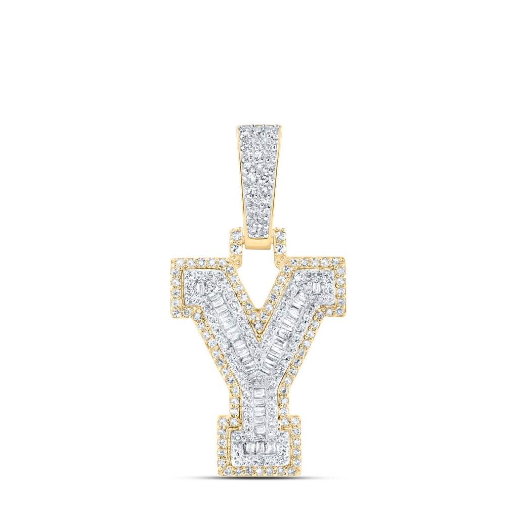 10K Yellow Gold Mens Baguette Diamond Initial Letter Charm Pendant