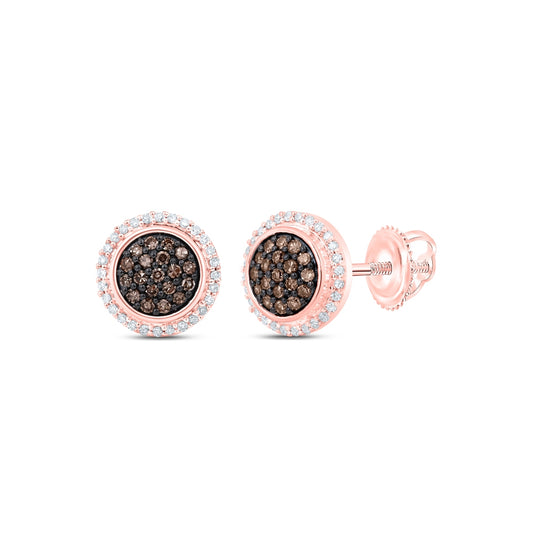 10K Rose Gold Womens Round Brown Diamond Cluster Earrings 1/4 Cttw