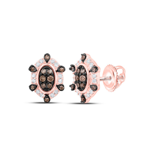 10K Rose Gold Womens Round Brown Diamond Oval Earrings 1/4 Cttw