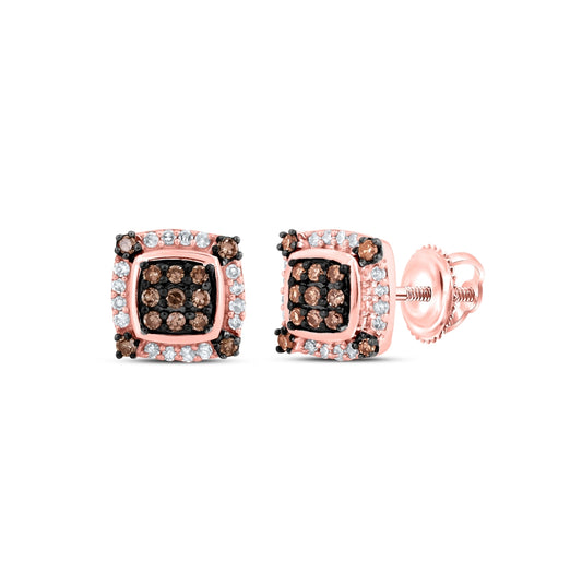 10K Rose Gold Womens Round Brown Diamond Square Earrings 1/4 Cttw
