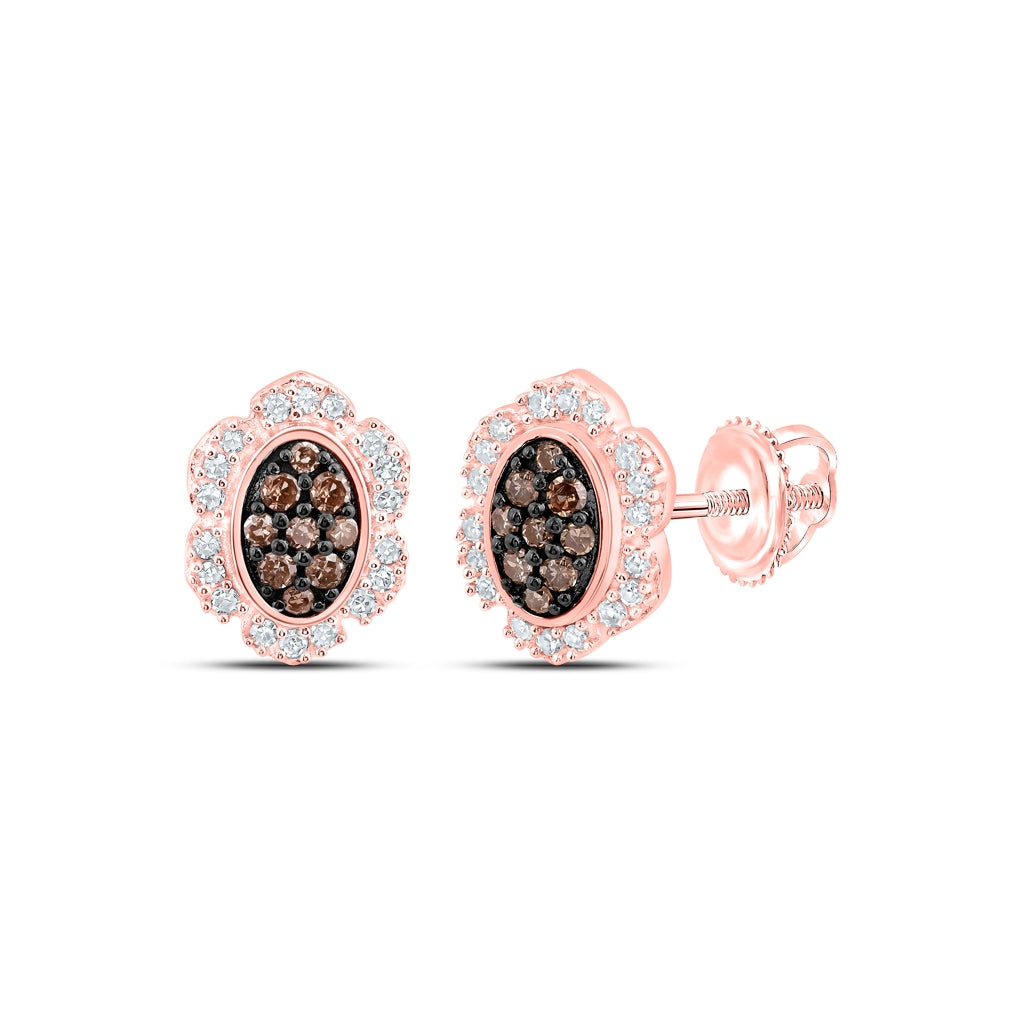 10K Rose Gold Womens Round Brown Diamond Oval Earrings 1/5 Cttw