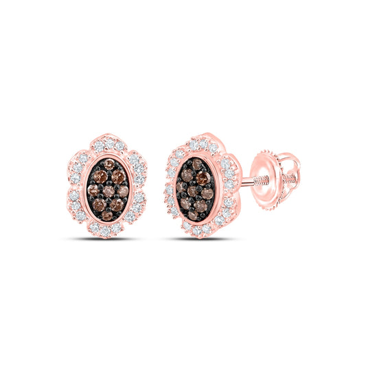 10K Rose Gold Womens Round Brown Diamond Oval Earrings 1/5 Cttw