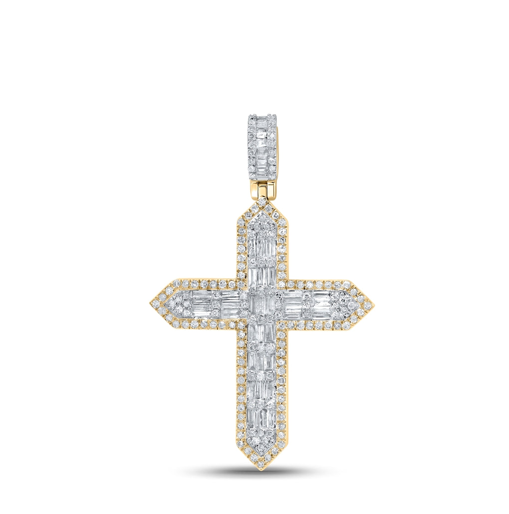 10K Yellow Gold Mens Baguette Diamond Cross Charm Pendant 1 Cttw