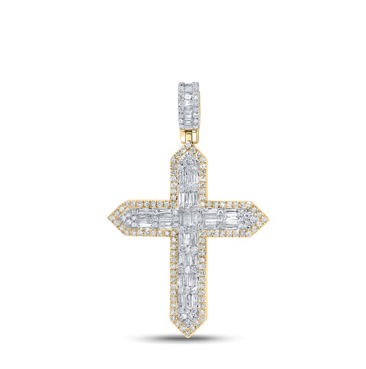 10K Yellow Gold Mens Baguette Diamond Cross Charm Pendant 1 Cttw