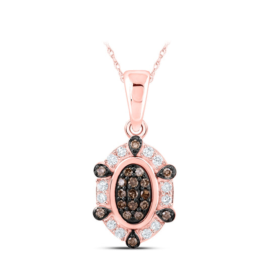 10K Rose Gold Women's Round Brown Diamond Oval Pendant 1/5ctw