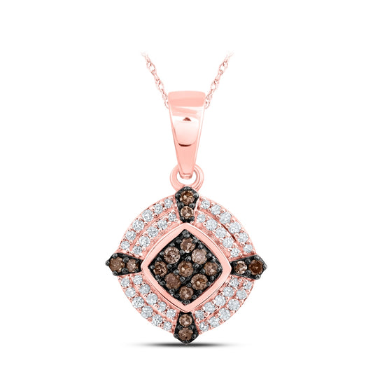 10K Rose Gold Womens Round Brown Diamond Offset Square Pendant 1/4 Cttw
