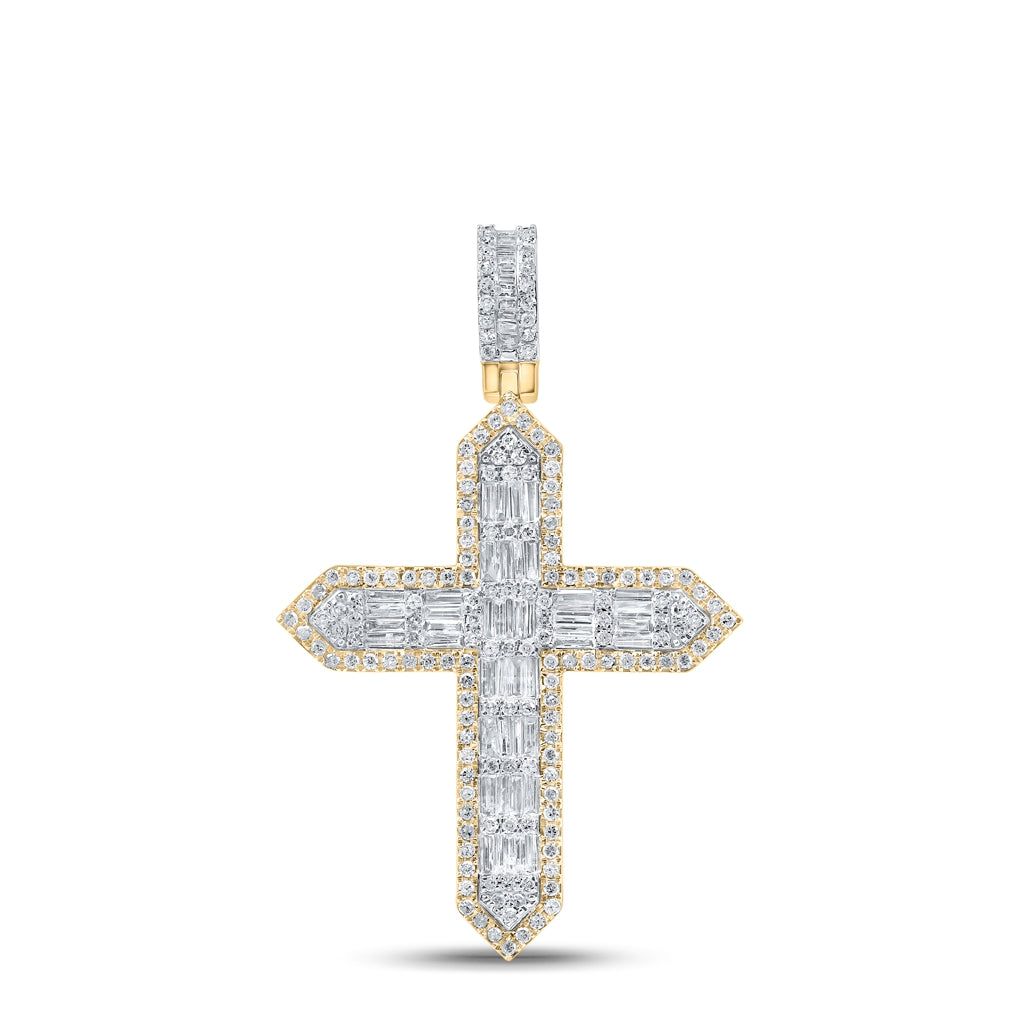 10K Yellow Gold Mens Baguette Diamond Cross Charm Pendant 1-3/4ctw