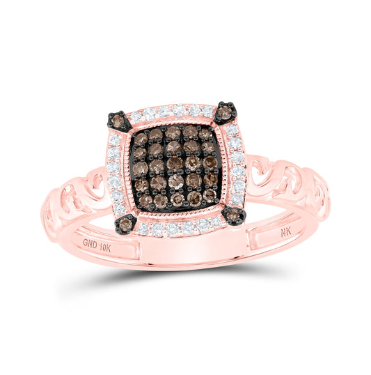 10K Rose Gold Womens Round Brown Diamond Square Ring 1/4 Cttw, Womens Size: 5-10