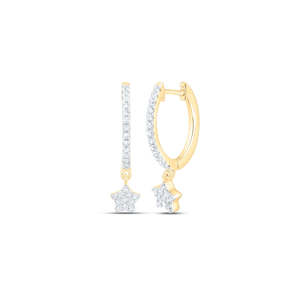10K White Or Yellow Gold Womens Round Diamond Star Hoop Dangle Earrings
