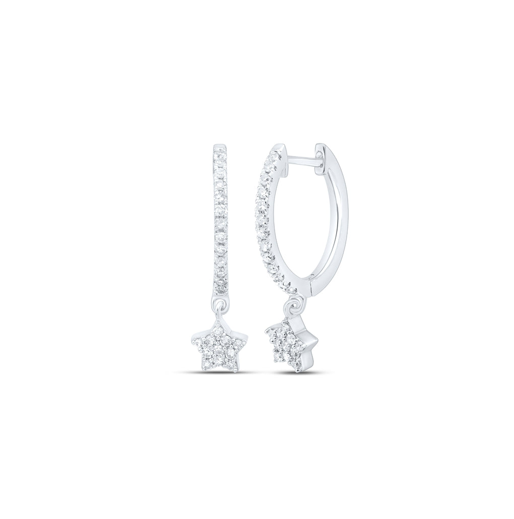 10K White Or Yellow Gold Womens Round Diamond Star Hoop Dangle Earrings