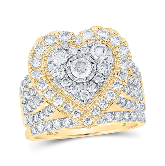 10K Yellow Gold Round Diamond Heart Bridal Wedding Ring Band Set 2ctw, Womens Size: 5-10