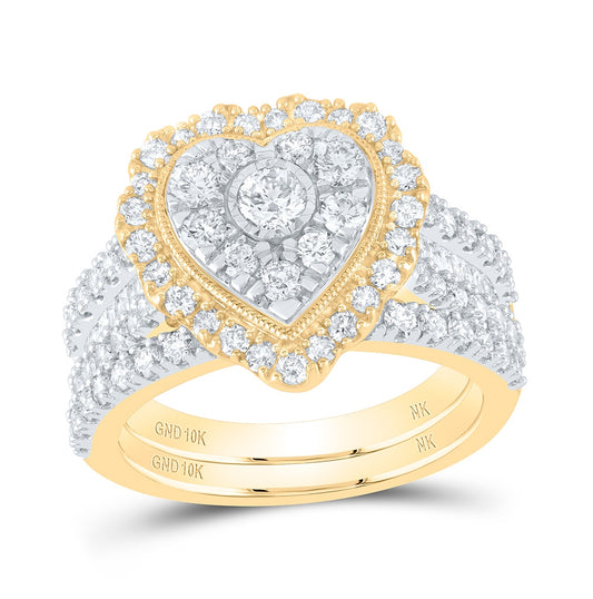 10K Yellow Or White Or Rose Gold Round Diamond Heart Bridal Wedding Ring Band Set , Womens Size: 5-10