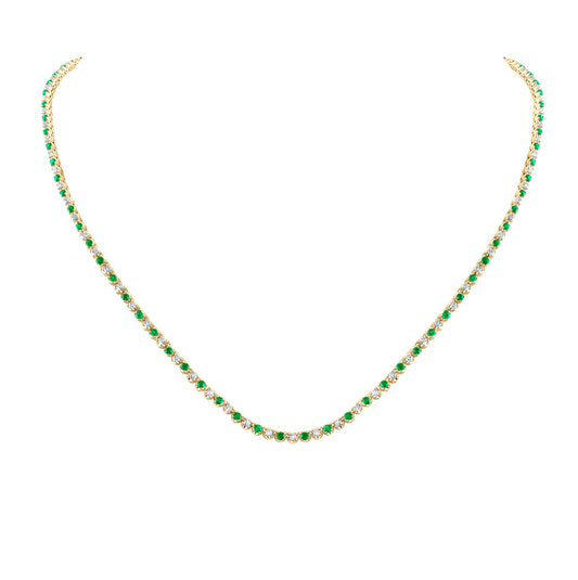 14K Yellow Gold Womens Round Emerald Diamond Tennis Necklace 5-5/8 Cttw