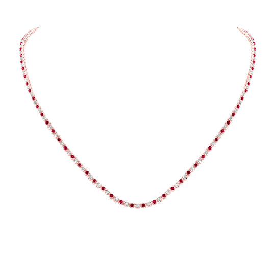 14K Rose Gold Womens Round Ruby Diamond Tennis Necklace 5-5/8 Cttw