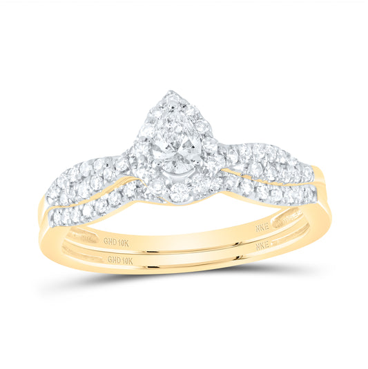 10K White Or Yellow Gold Pear Diamond Halo Bridal Wedding Ring Band Set , Womens Size: 5-10