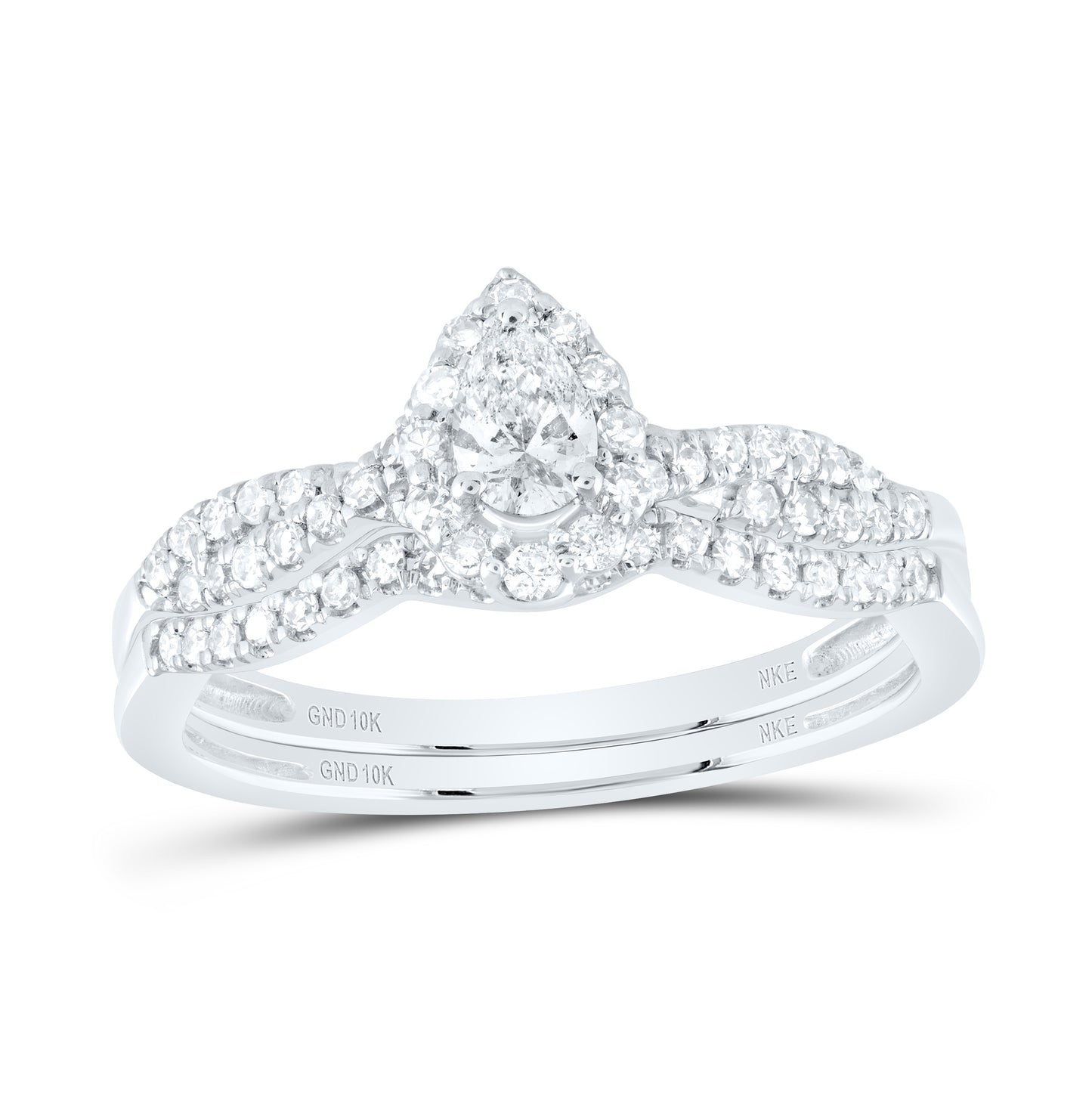 10K White Or Yellow Gold Pear Diamond Halo Bridal Wedding Ring Band Set , Womens Size: 5-10