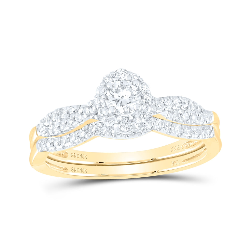 10K White Or Yellow Gold Round Diamond Halo Bridal Wedding Ring Band Set , Womens Size: 5-10