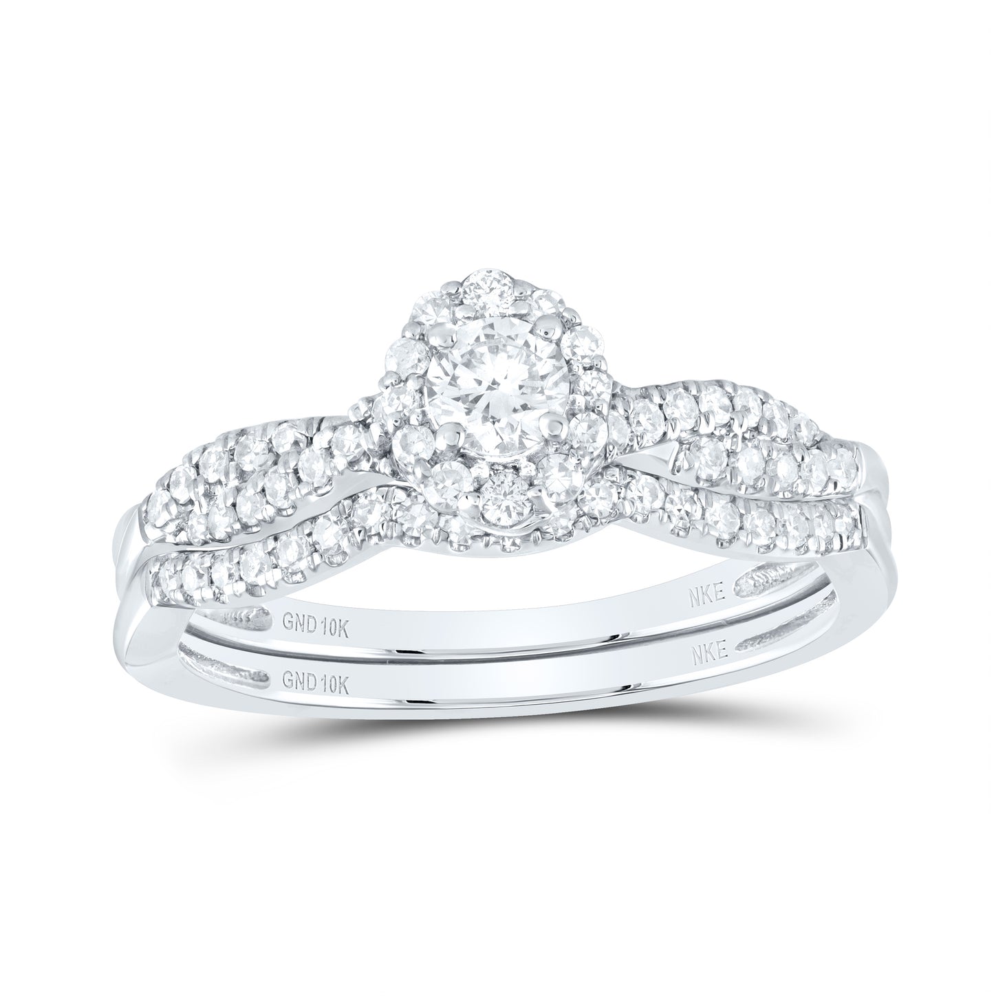 10K White Or Yellow Gold Round Diamond Halo Bridal Wedding Ring Band Set , Womens Size: 5-10