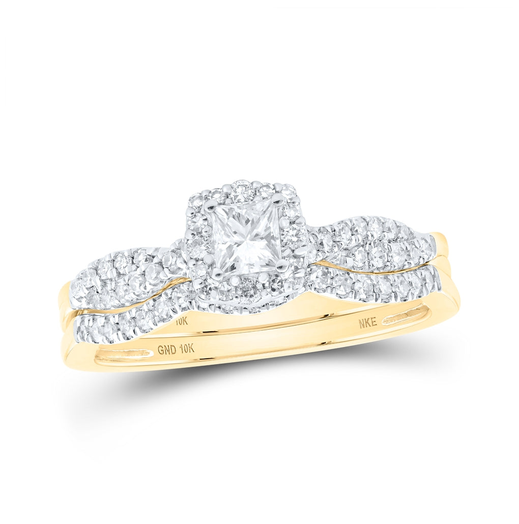10K White Or Yellow Gold Princess Diamond Halo Bridal Wedding Ring Band Set , Womens Size: 5-10
