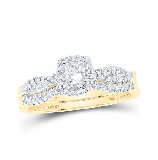 10K White Or Yellow Gold Princess Diamond Halo Bridal Wedding Ring Band Set , Womens Size: 5-10