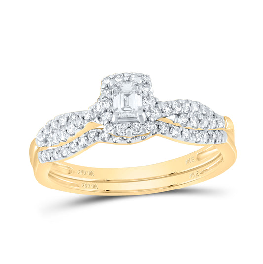 10K White Or Yellow Gold Emerald Diamond Halo Bridal Wedding Ring Band Set , Womens Size: 5-10