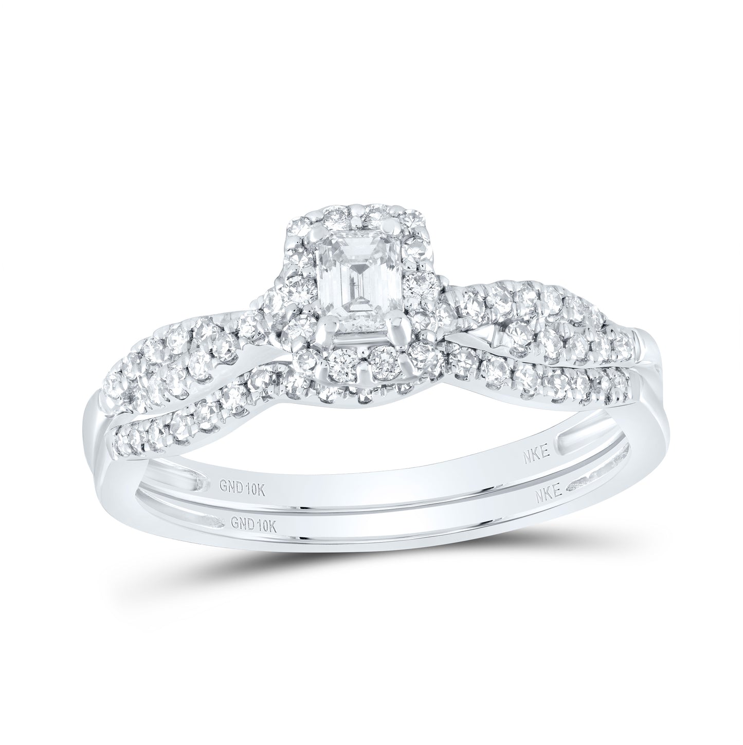 10K White Or Yellow Gold Emerald Diamond Halo Bridal Wedding Ring Band Set , Womens Size: 5-10