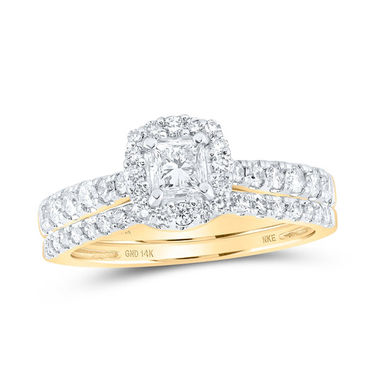 14K Yellow Gold Princess Dia. Halo Bridal Wedding Ring Band Set 1ctw, Women's Size: 5-10