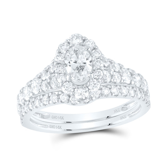 14K White Gold Oval Dia. Halo Bridal Wedding Band Set 1-1/2ctw, Women's Size: 5-10