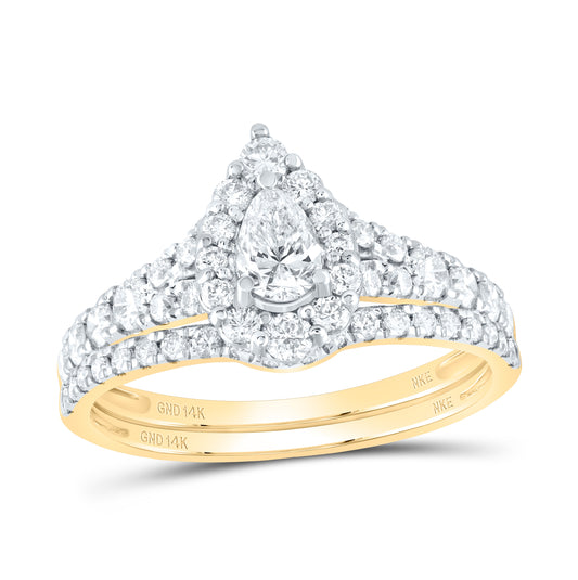 14K Yellow Or White Gold Pear Diamond Halo Bridal Wedding Ring Band Set 1-1/2 Cttw, Womens Size: 5-10