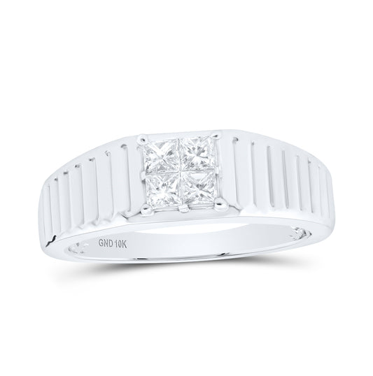 10K White Gold Mens Princess Diamond Ribbed Shank Band Ring 1/2 Cttw, Mens Size: 7-13