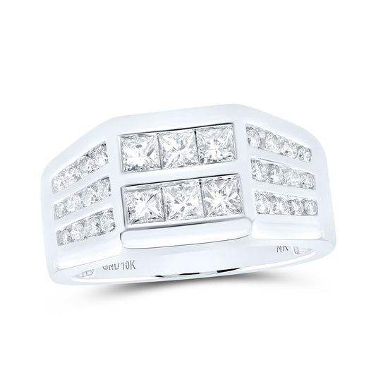 10K White Gold Mens Princess Diamond Band Ring 1-1/2 Cttw, Mens Size: 7-13