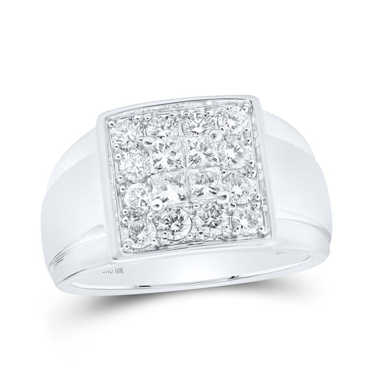 10K White Gold Mens Princess Diamond Square Ring 1-1/2 Cttw, Mens Size: 7-13