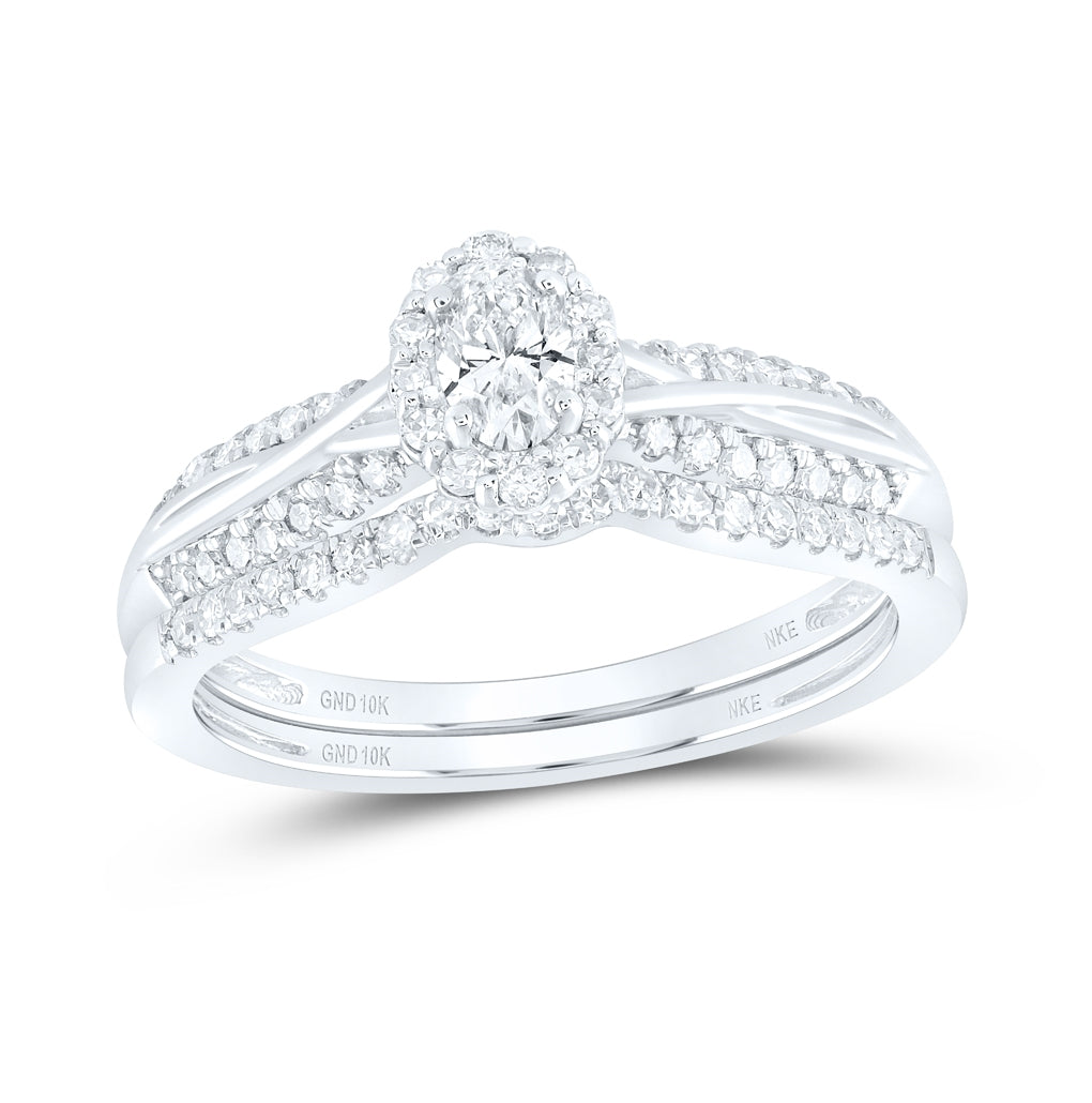 10K White Gold Oval Diamond Halo Bridal Wedding Ring Band Set 1/2ctw, Womens Size: 5-10