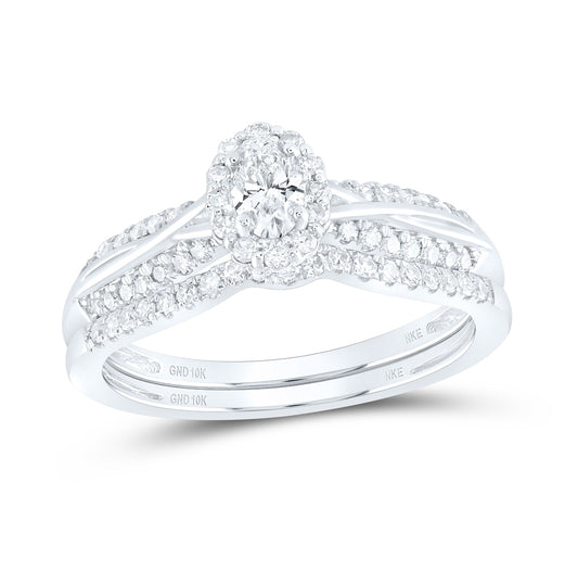10K White Gold Oval Diamond Halo Bridal Wedding Ring Band Set 1/2ctw, Womens Size: 5-10
