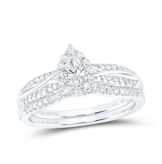 10K White Gold Pear Diamond Halo Bridal Wedding Ring Band Set 1/2ctw, Women's Size: 5-10