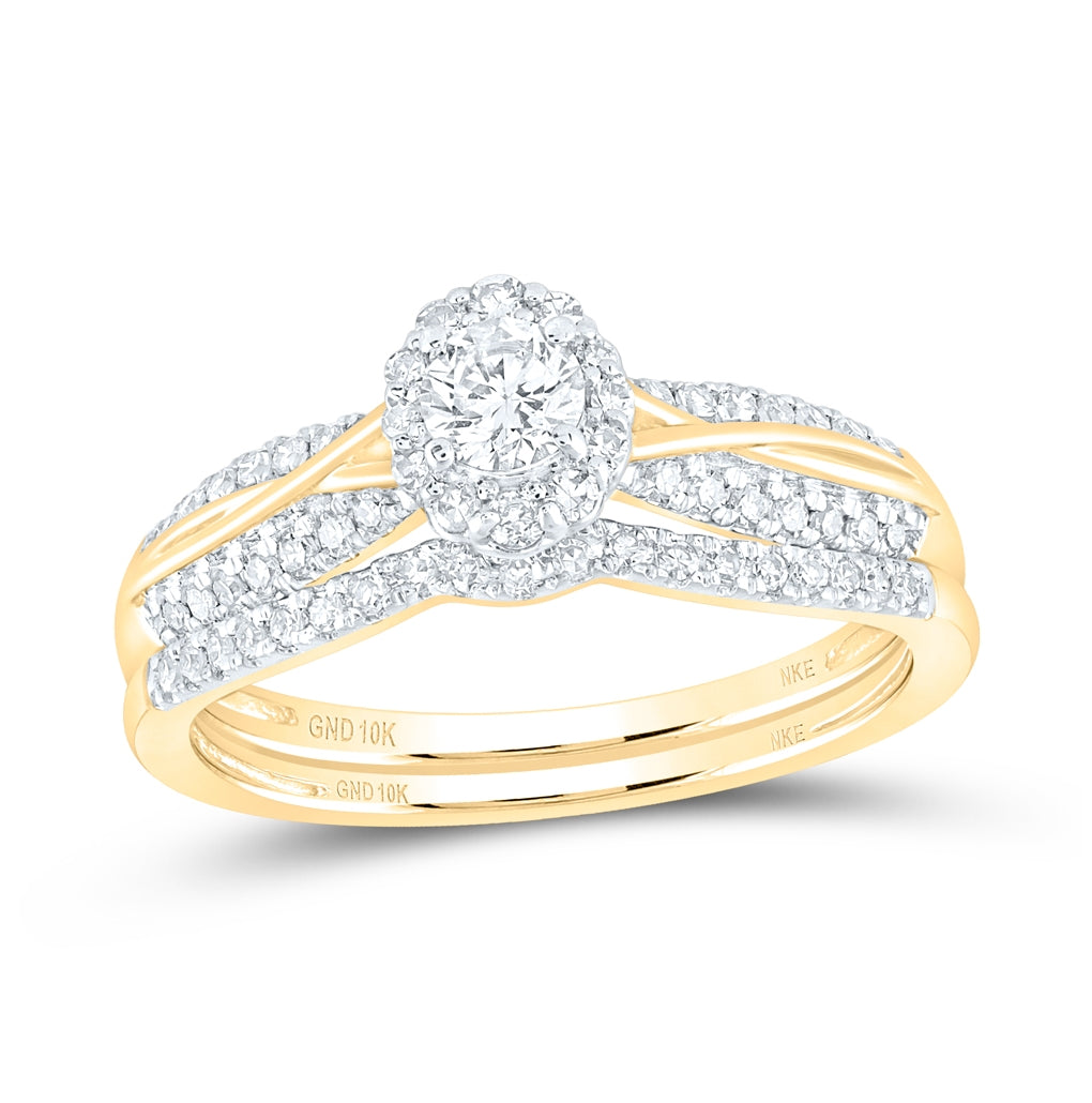 10K White Or Yellow Gold Round Diamond Halo Bridal Wedding Ring Band Set , Womens Size: 5-10