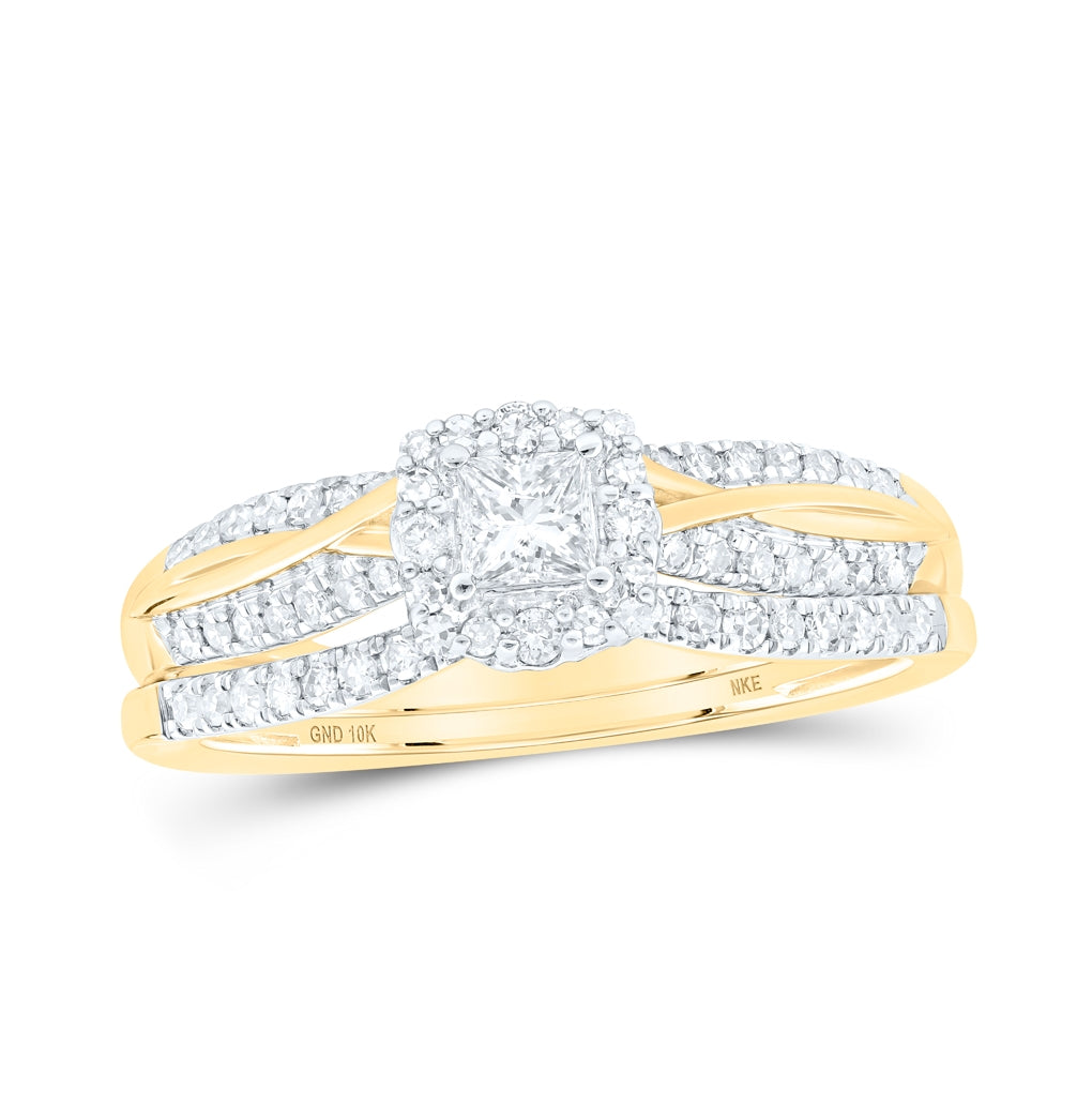 10K White Or Yellow Gold Princess Diamond Halo Bridal Wedding Ring Band Set , Womens Size: 5-10