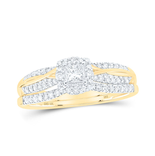 10K White Or Yellow Gold Princess Diamond Halo Bridal Wedding Ring Band Set , Womens Size: 5-10