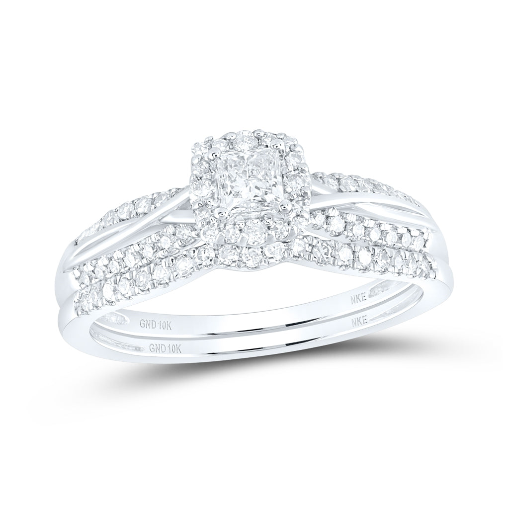 10K White Or Yellow Gold Princess Diamond Halo Bridal Wedding Ring Band Set , Womens Size: 5-10