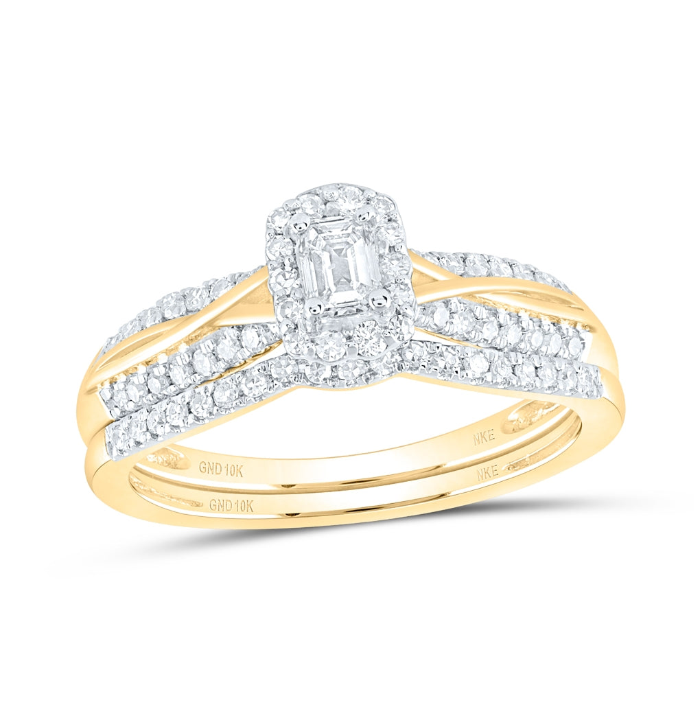 10K Yellow Gold Emerald Diamond Halo Bridal Wedding Ring Band Set 1/2 Cttw, Womens Size: 5-10