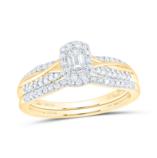 10K Yellow Gold Emerald Diamond Halo Bridal Wedding Ring Band Set 1/2 Cttw, Womens Size: 5-10